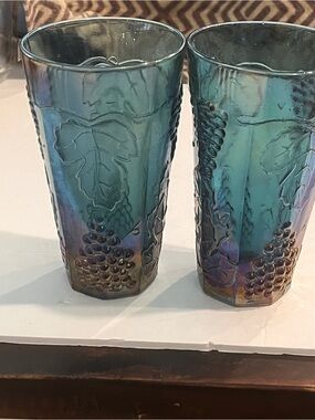 Indiana Glass Iridescent Teal Grape-Embossed Carnival Glasses - Pair